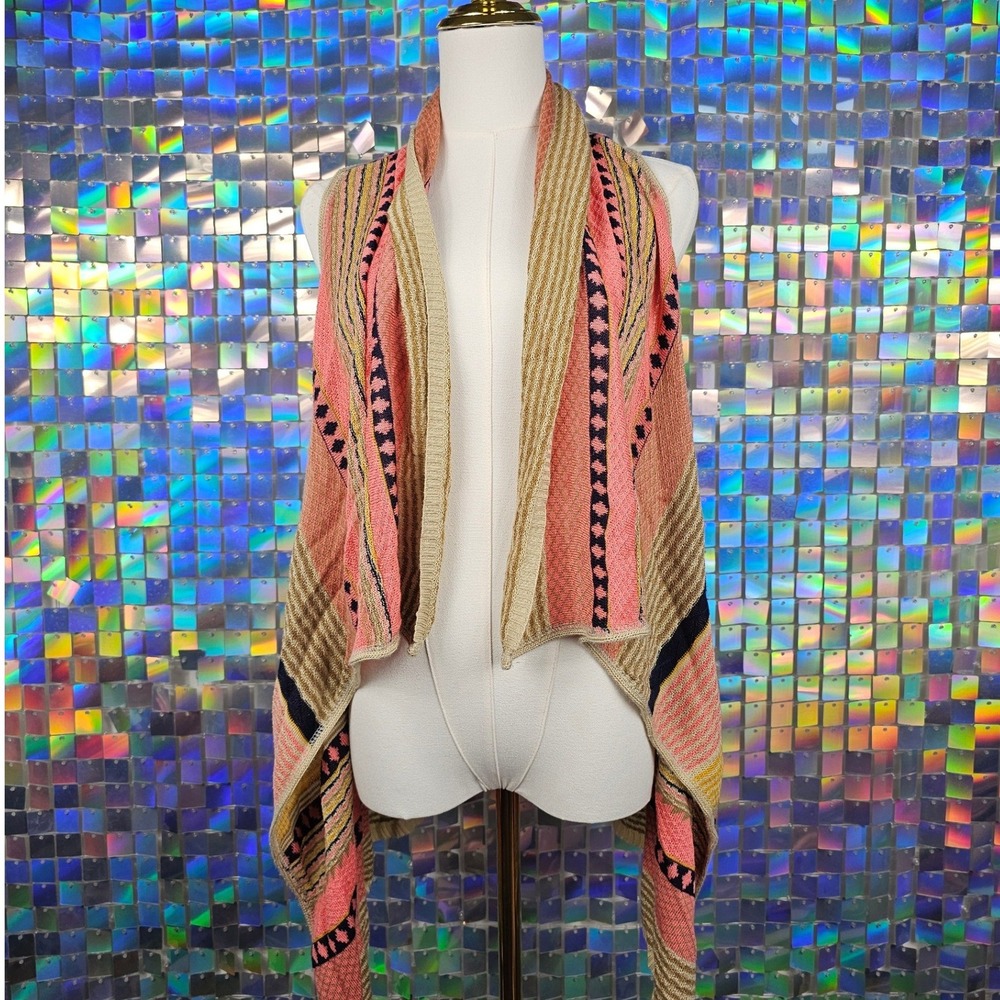 Womens M Sleeveless Geometric Print Open Front Cardigan‎ Sweater